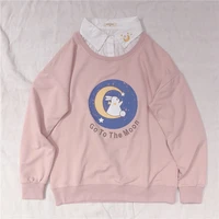2021 fall korean cartoon letters printed women fake two pieces sweatshirt hoodies all match new sweet pink pullover women tops