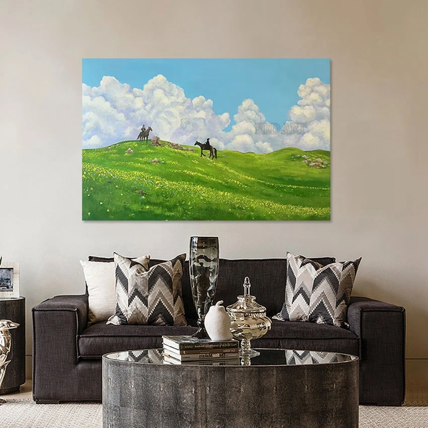 Пастбище пейзаж люди ездящие лошади большая роскошная холщовая картина маслом
