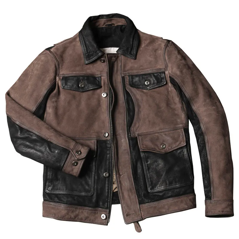 

Винтажная поношенная кожаная куртка M65 из воловьей кожи, охотничья куртка для мужчин, комбинезон с лацканами и несколькими карманами, кожан...
