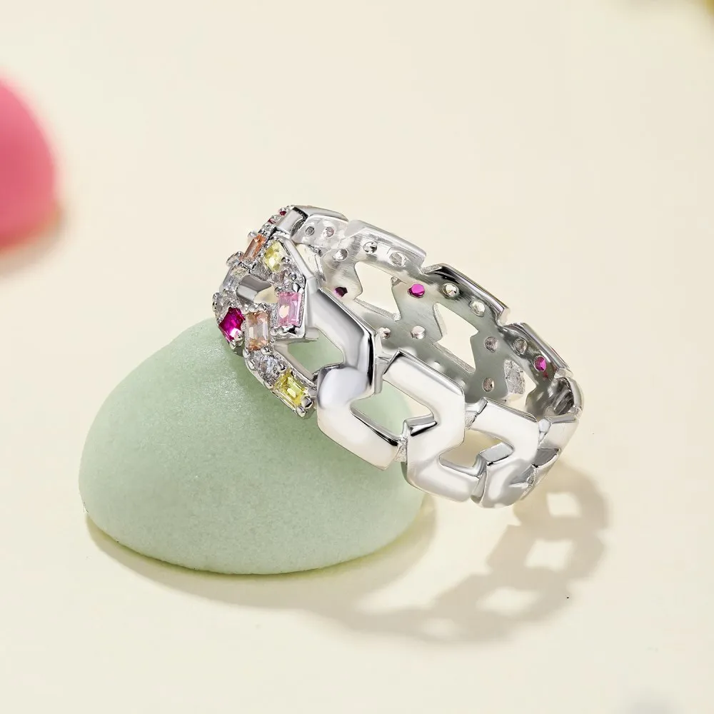 

S925 Sterling Silver Colorful Rings Women Geometric Hollow Out Ring Female Shiny 5A Zircon Luxury Jewelry Gift Gift Lady Party