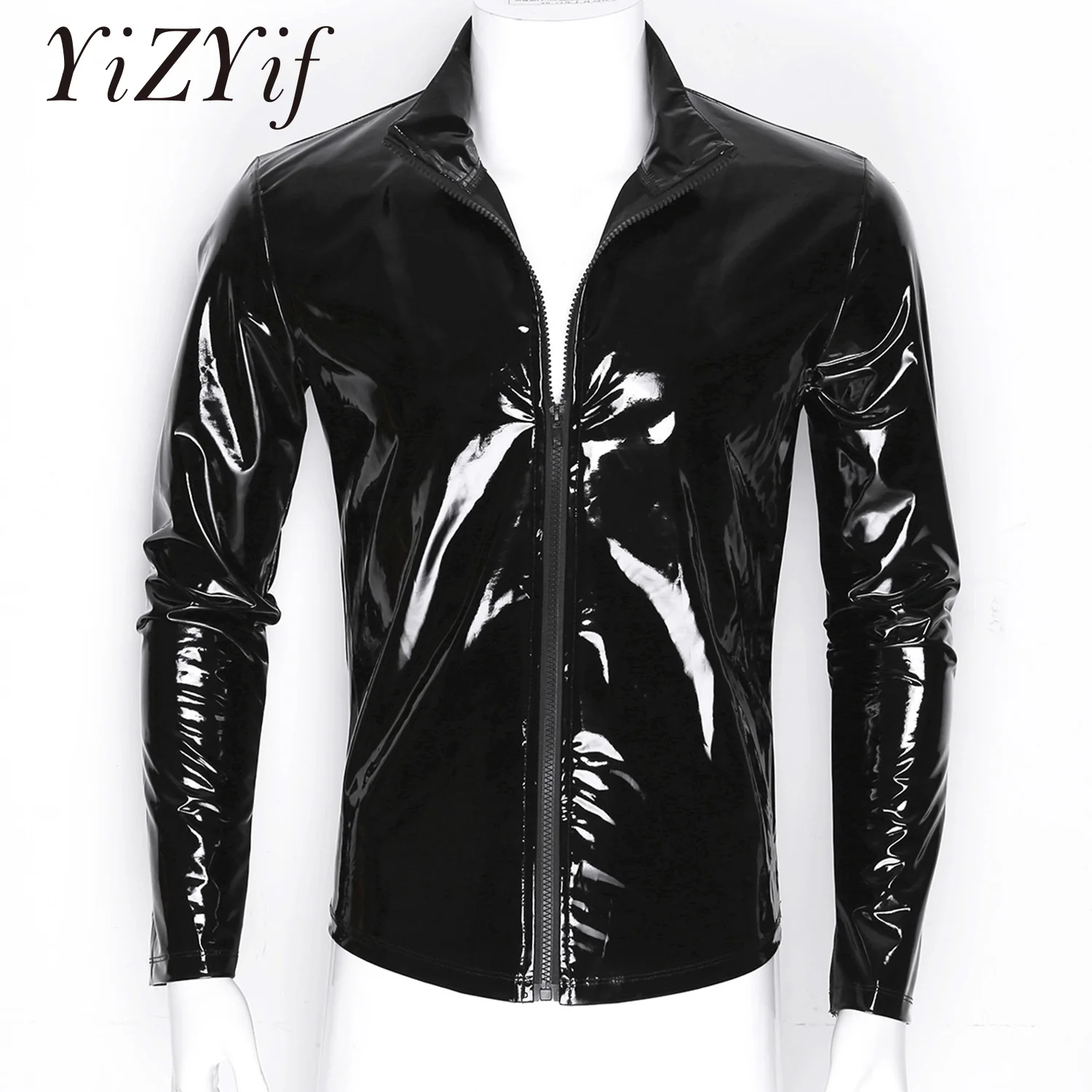 YiZYiF Men Shiny Metallic Front-Zip Stand Collar Tops Wet Look Sexy Patent Leather Nightclub Style Long Sleeve Tops For Men
