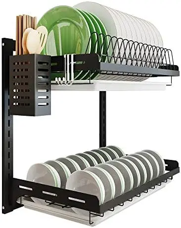 

Dish ,hanging Silverware Dish Drying Organizer Storage Shelf over the Sink,2 Tier Mount Bowl Holder with Drain Tray,Stainless