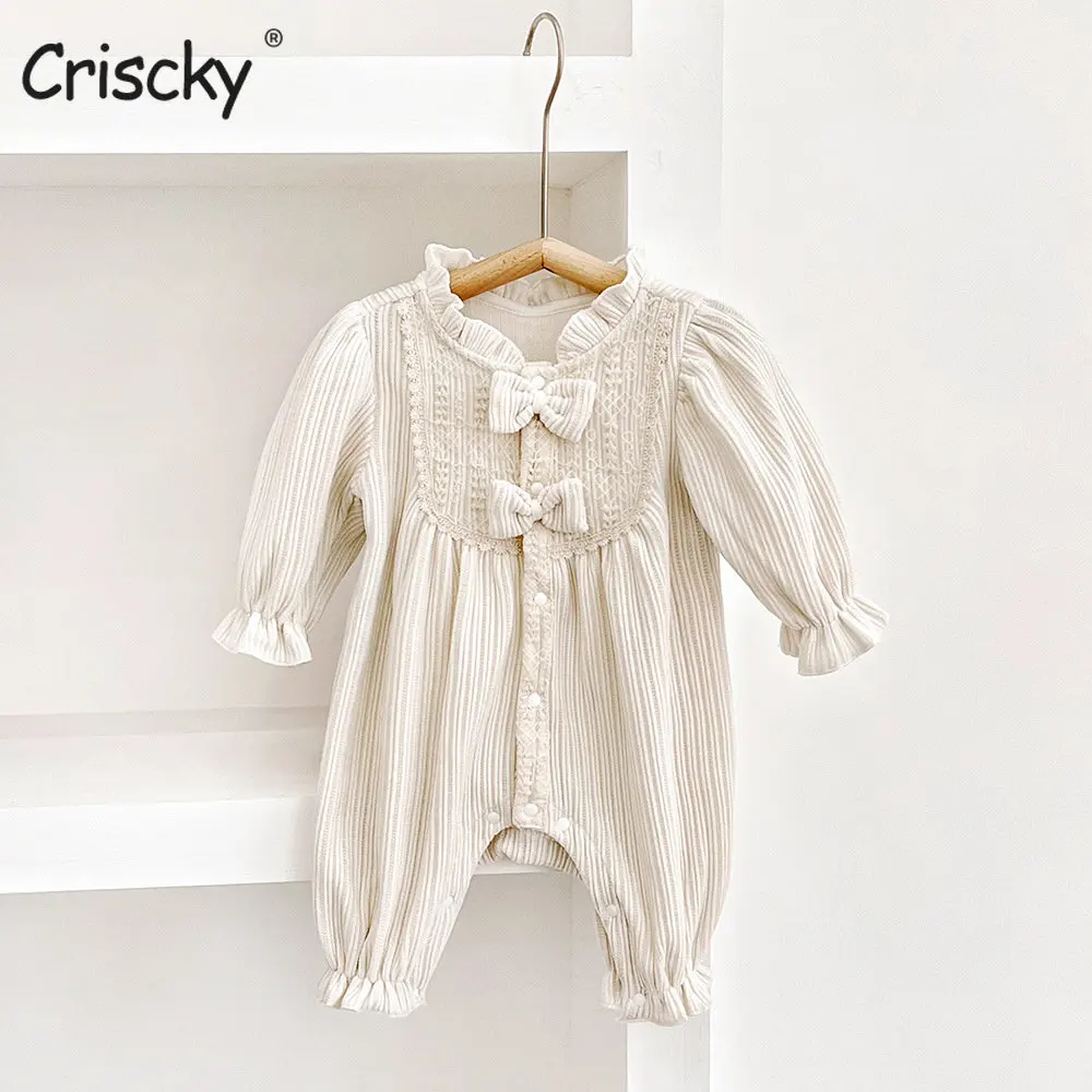 

Criscky 2022 Autumn New Baby Beige Bow Romper Baby Loose Casual One-piece Outerwear Baby Girls Newborn Clothings
