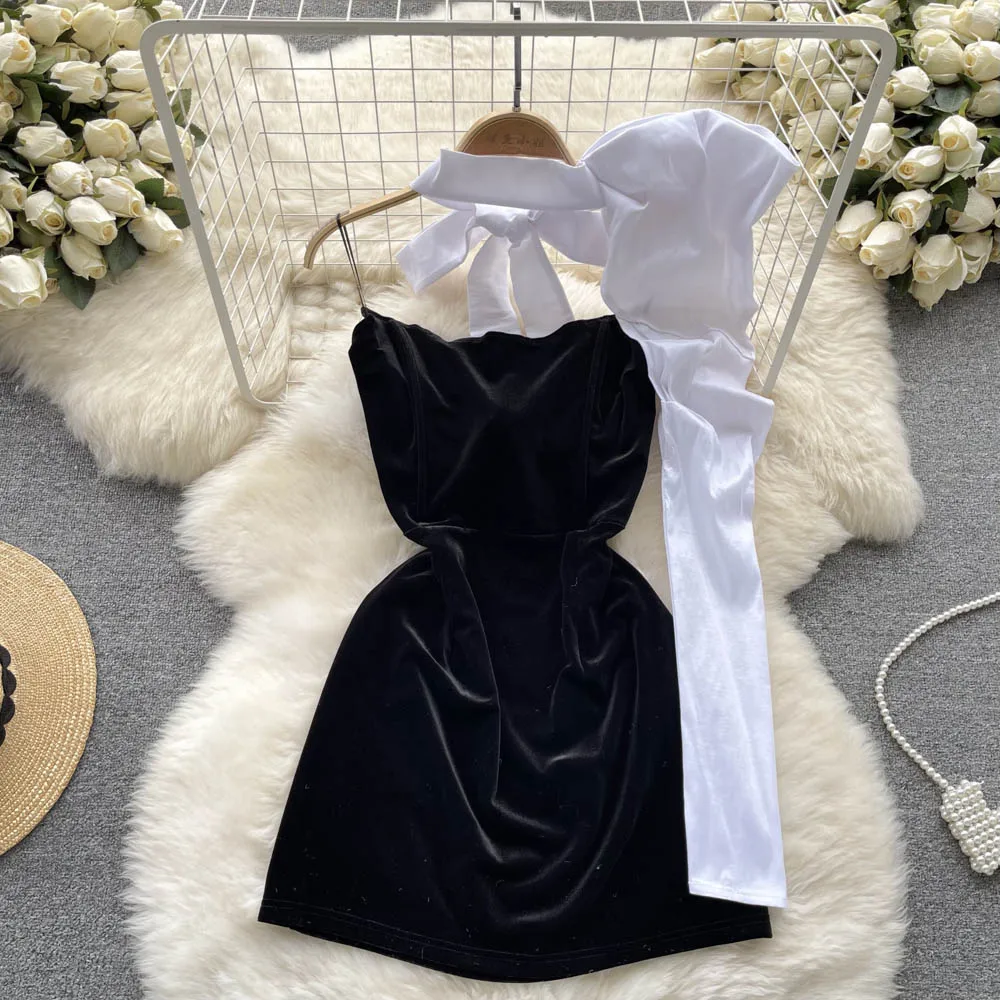 

Autumn Sexy Halter Hip Velvet Dress + Design Sense Hanging Neck One Shoulder Long Sleeve Celebrity Two-piece Set