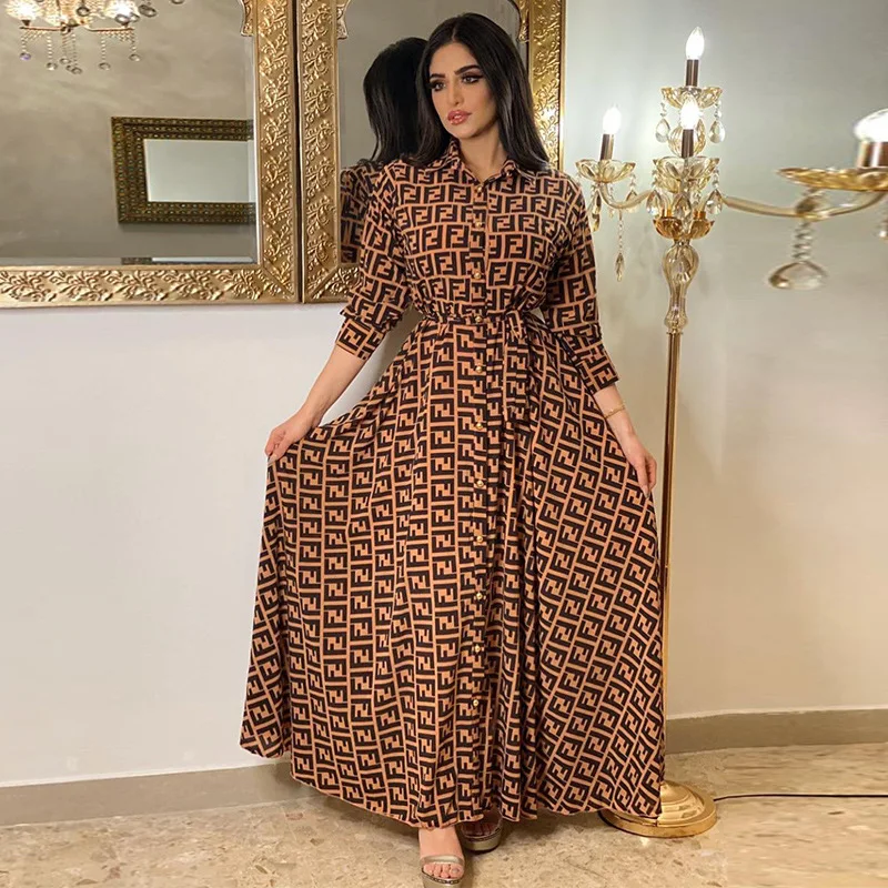 

Women Fashion with Belt Print Dress Vintage Three Quarter Sleeve Button-Up Female Dresses Evening Dress Women Birthday Party