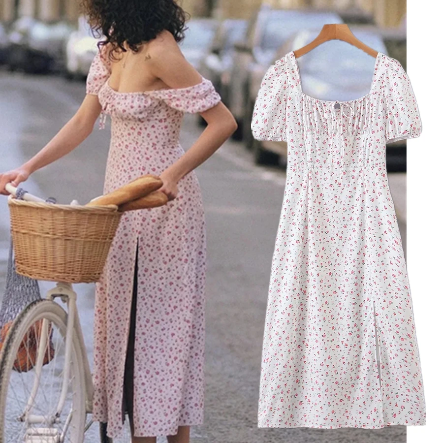 

Withered 2023 France Style Romantic Floral Print Strap Sexy Forking Maxi Dress Indie Folk Bow Elegant Summer Dress Women