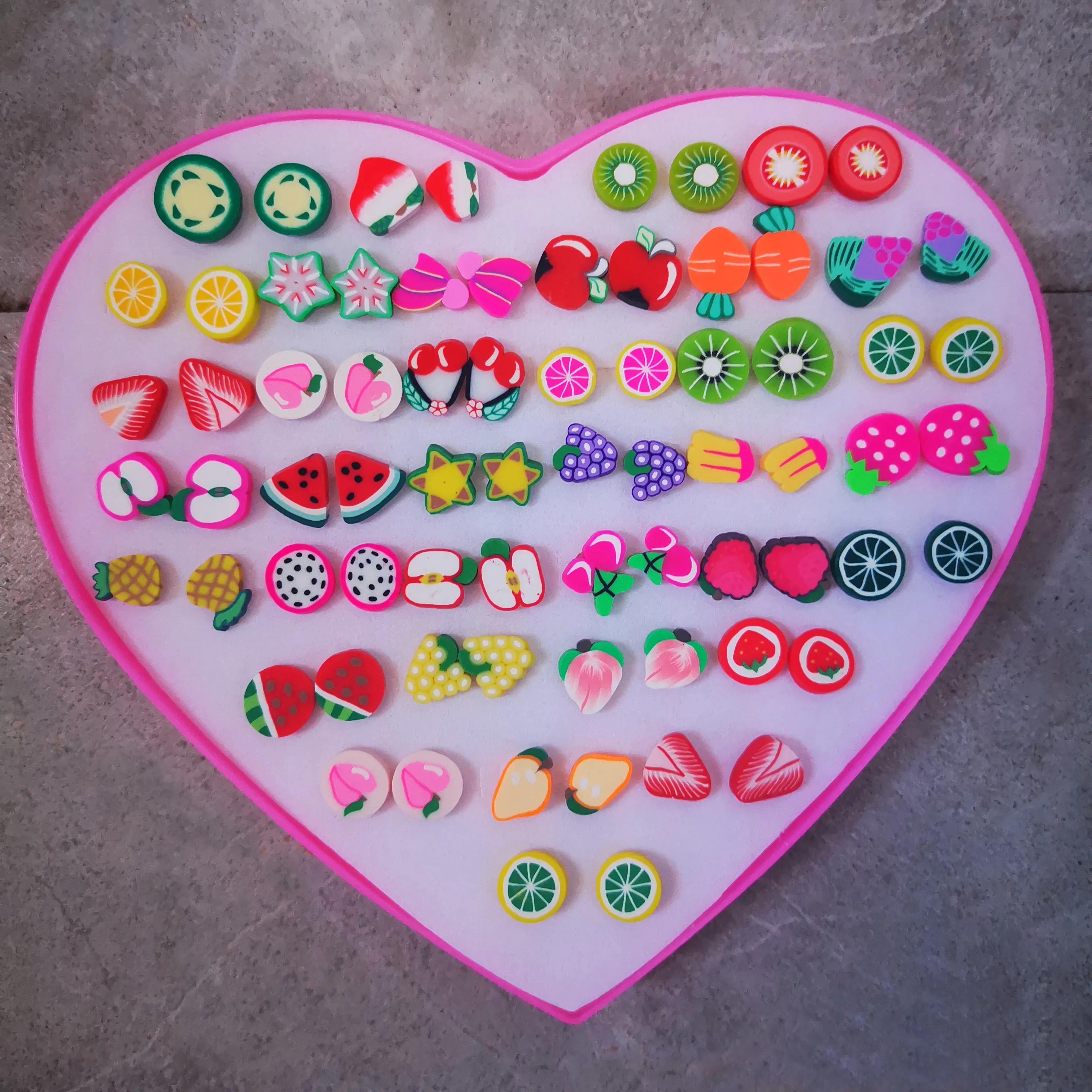 36 Pairs/set Handmade Earrings Girls Fruit Animal Clay Earring Stud Sets Childen Earring Set Mix With Heart Box Earrings Jewelry