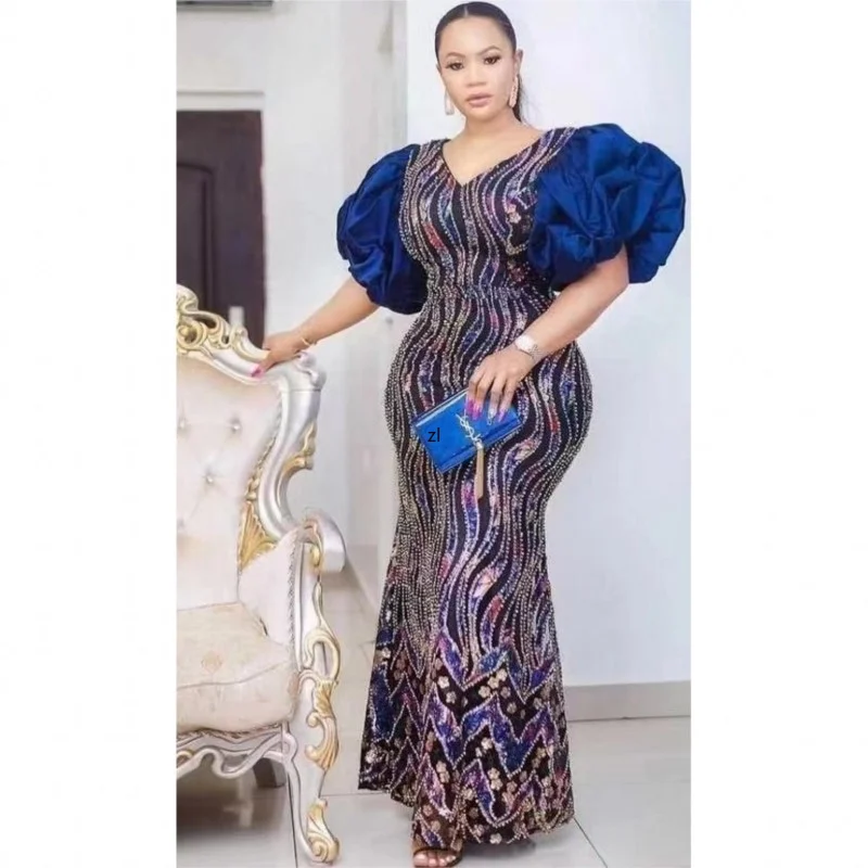 2023 New Christmas Party Evening Dress Sequins Diamond Maxi African Dresses For Women Puff Sleeves Slim Luxury Muslim Abaya 4XL
