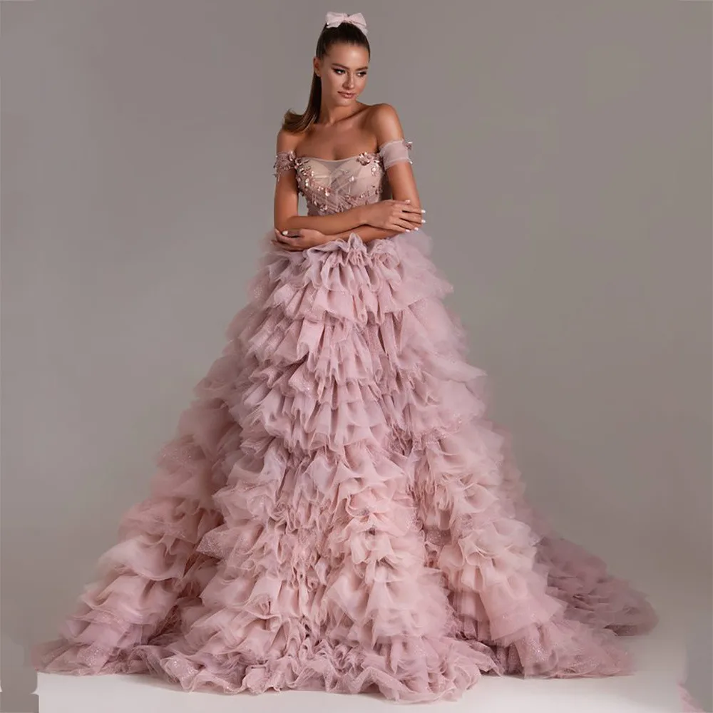 

Elegant Pink Tiered Evening Dress Crystal Beading Off the Shoulder Prom Gowns Sequined A-Line Evening Dresses