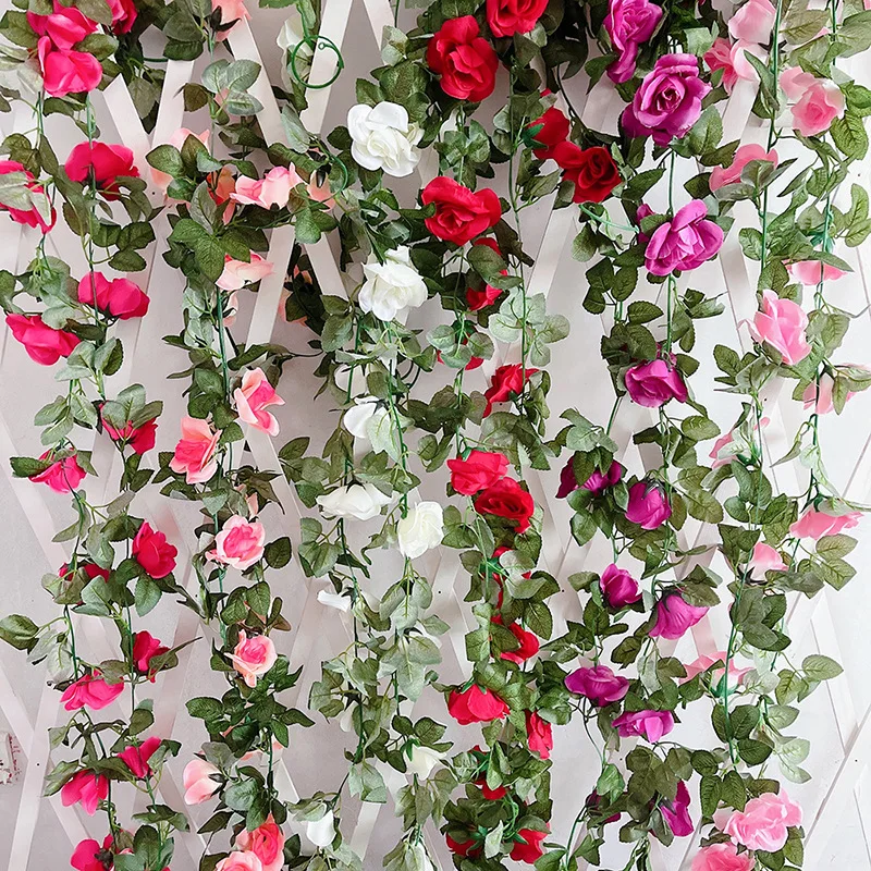 

220cm/26 head artificial rose flowers vine autumn cane backdrop decor silk fake rattan garland for wedding home hotel decoration