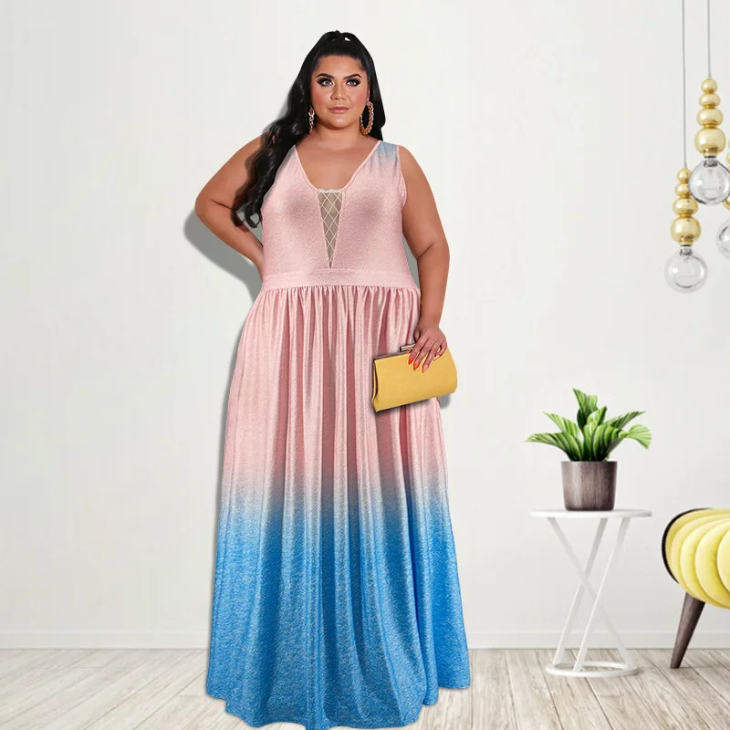 Plus Size Women's Clothing 2022 Summer New Temperament Fashion Print Gradient Color Ladies Dress XL-5XL Oversized