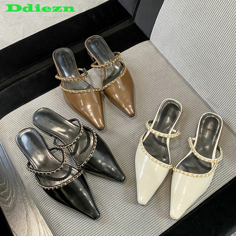 

Туфли женские с металлической цепочкой, шлепанцы, низкий каблук, туфли-лодочки, металлическая цепь, сланцы, весна 2023