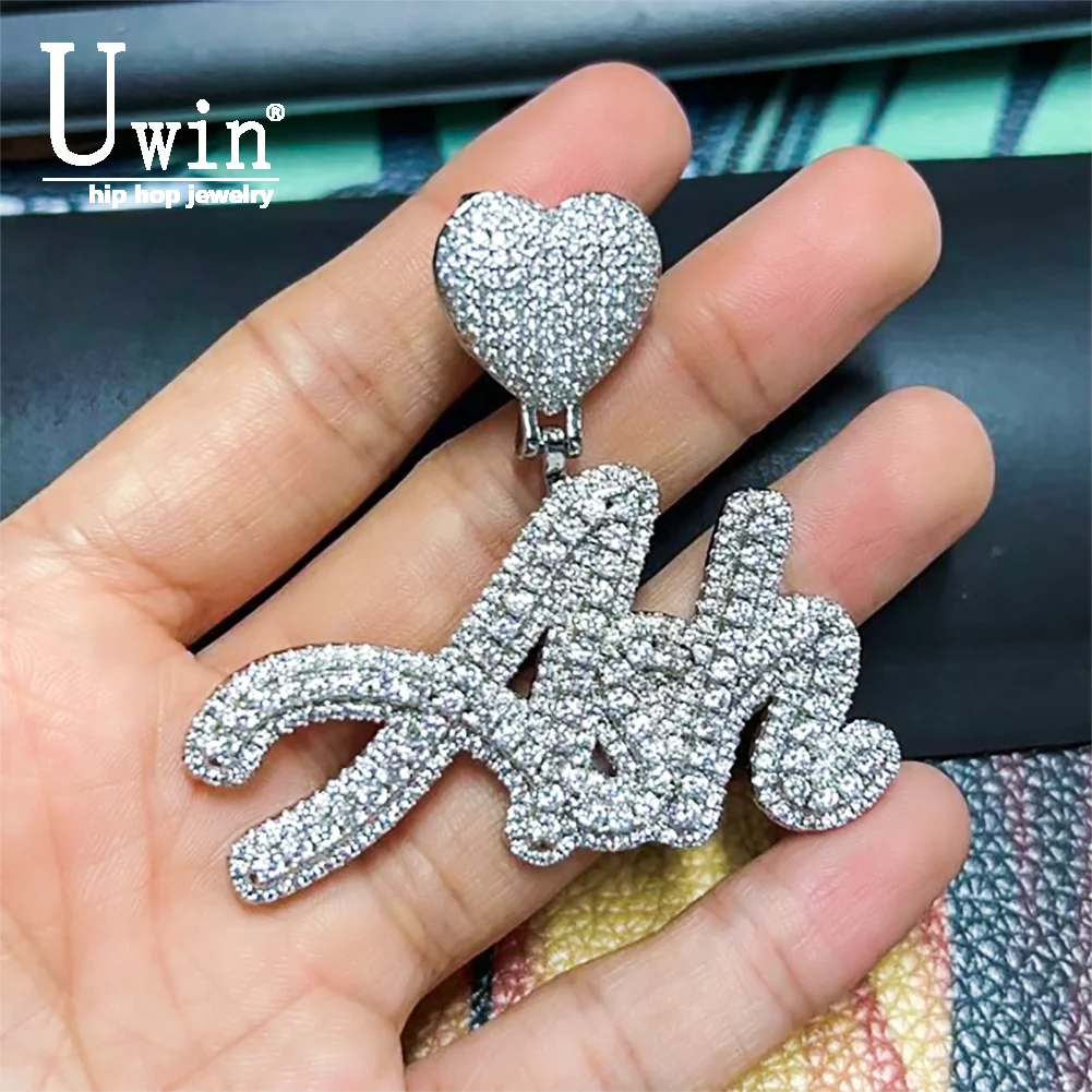 Uwin Custom Heart Cursive Letter Iced Out Name Necklace Chain With Baguette Chain Cubic Zirconia Fashion Hip Hop Jewelry