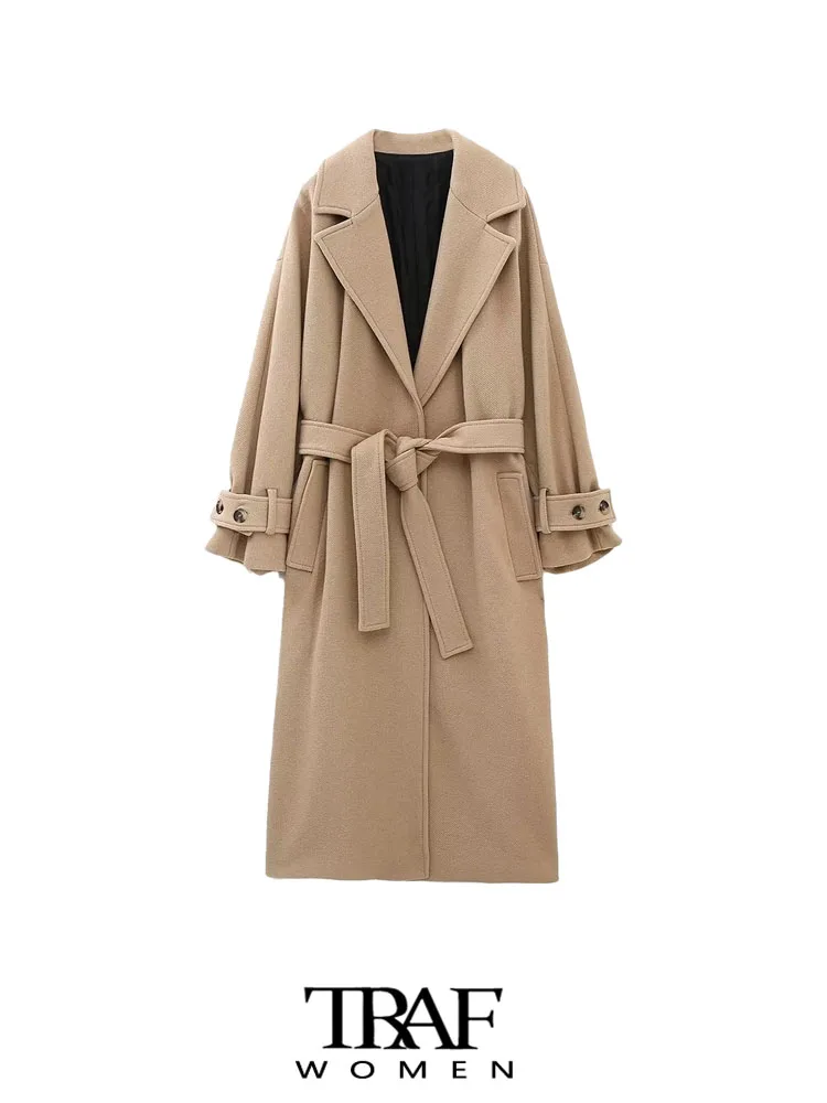 

TRAF Women Fashion With Belt Loose Woolen Coat Vintage Long Sleeve Welt Pockets Female Outerwear Chic Overcoat