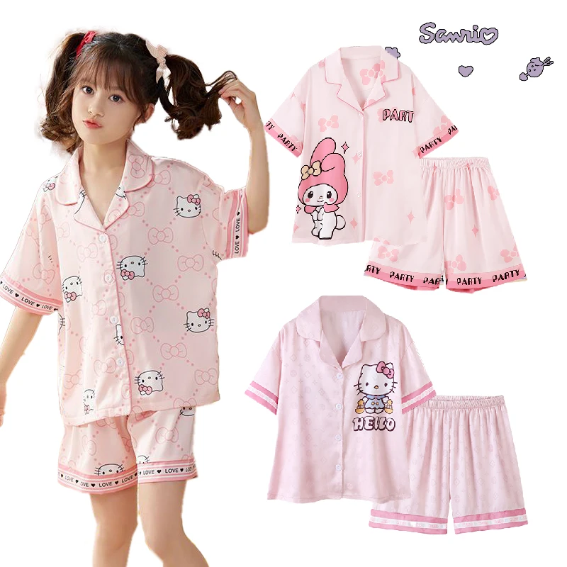 

Аниме Sanrio Pompompurin Cinnamoroll детские пижамы с героями мультфильмов Kuromi My Melody летний костюм для отдыха из ледяного шелка с коротким рукавом