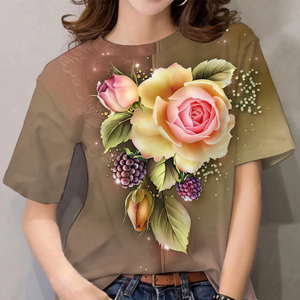 Luxury Women's T shirt Floral Print Harajuku Clothes O-neck Casual Short Sleeve Tee Trend Y2k Blouse Oversized Top Free Shipping