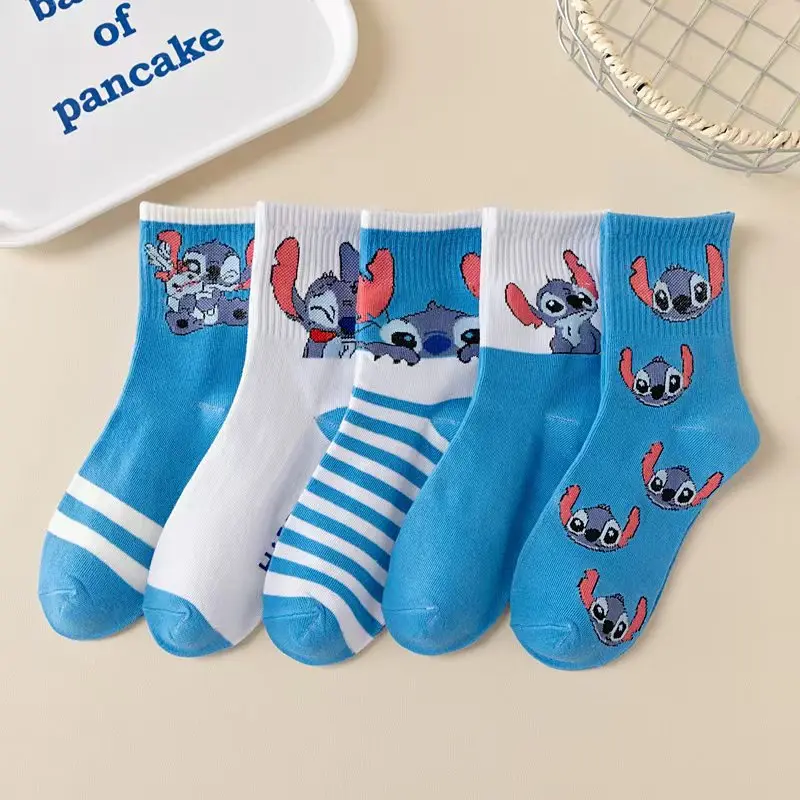 Kawaii Disney Stitch Хлопковые носки Носки средней длины Цветные модные впитывающие пот