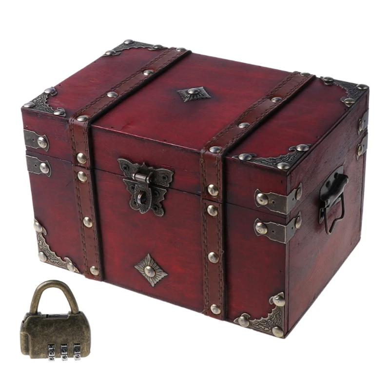 Pirate Treasure Chest with Lock Wooden Pirate Vintage Treasure Box Antique Color Jewelry Storage Box Gifts for Children