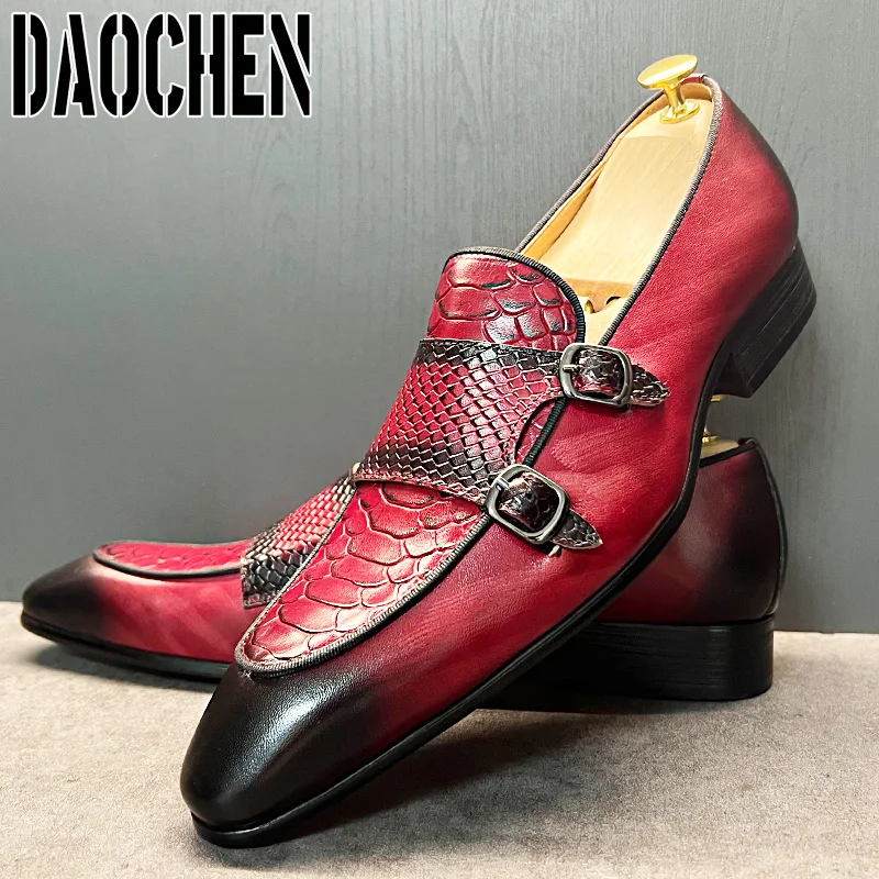 Luxury Brand Men Leather Shoes Black Red Snake Prints Double Monk Strap Mens Slip On Shoes Wedding Office Casual Shoes For Men