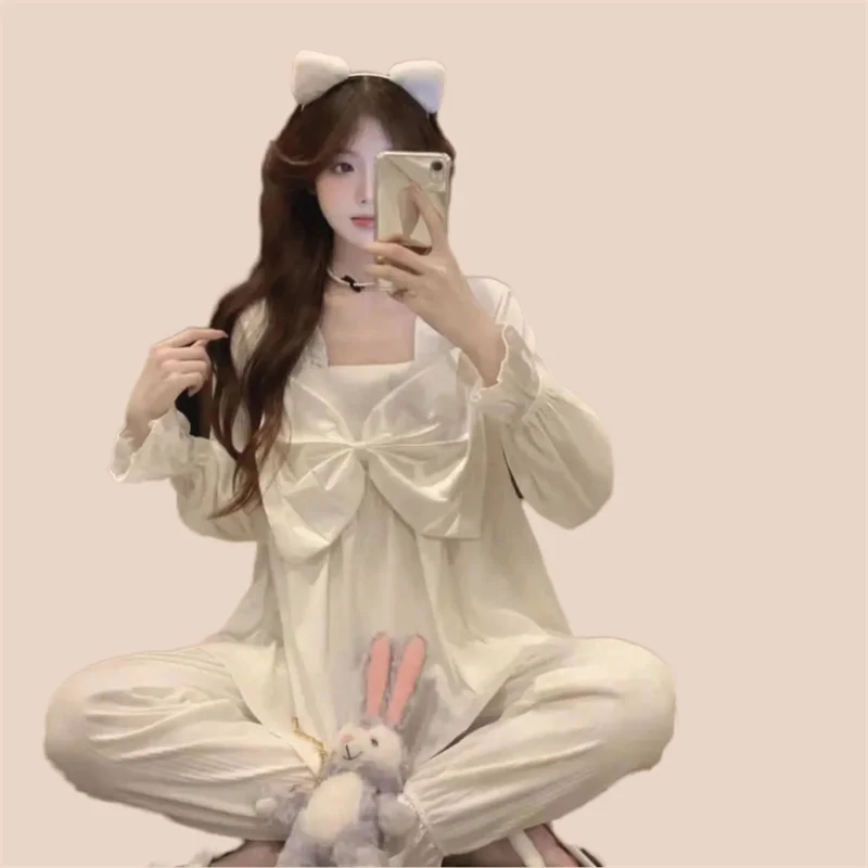 Sexy Bow Pajamas Set Full Sleeve T-shirt Long Pants 2Piece/Set Soft Princess Pyjama Big Size Homewear Cozy Fashion Sleepwear