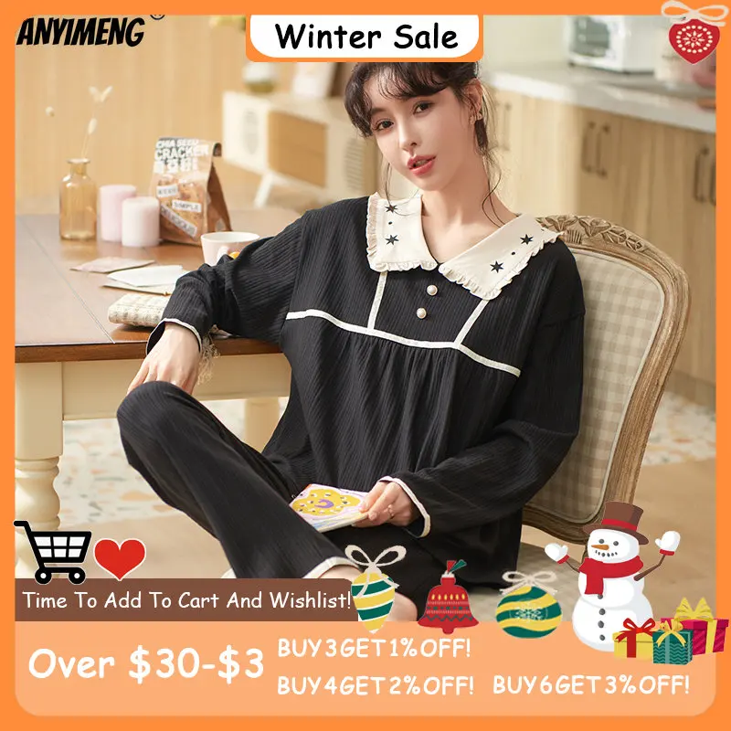 

Маленькая шикарная Женская одежда для сна с воротником Женская осенне-зимняя новая хлопковая Женская одежда для сна Пижама с длинным рукав...