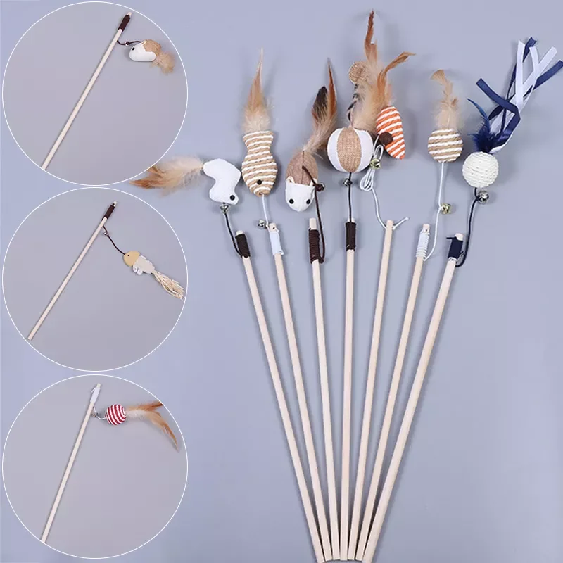 

2023New Wood Pet Toys Cat Teaser Rod Interactive Funny Cat Rod Linen Knitted Stick With Mini Bell Cat Accessories Pet Supplies