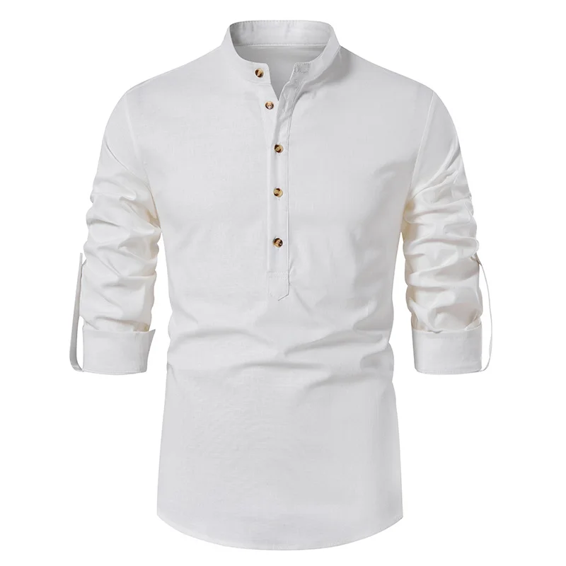 

White Roll Up Mandarin Collar Dress Shirt Men 2022 Brand Cotton Linen Henley Shirt Men Business Casual Shirts Male Chemise Homme