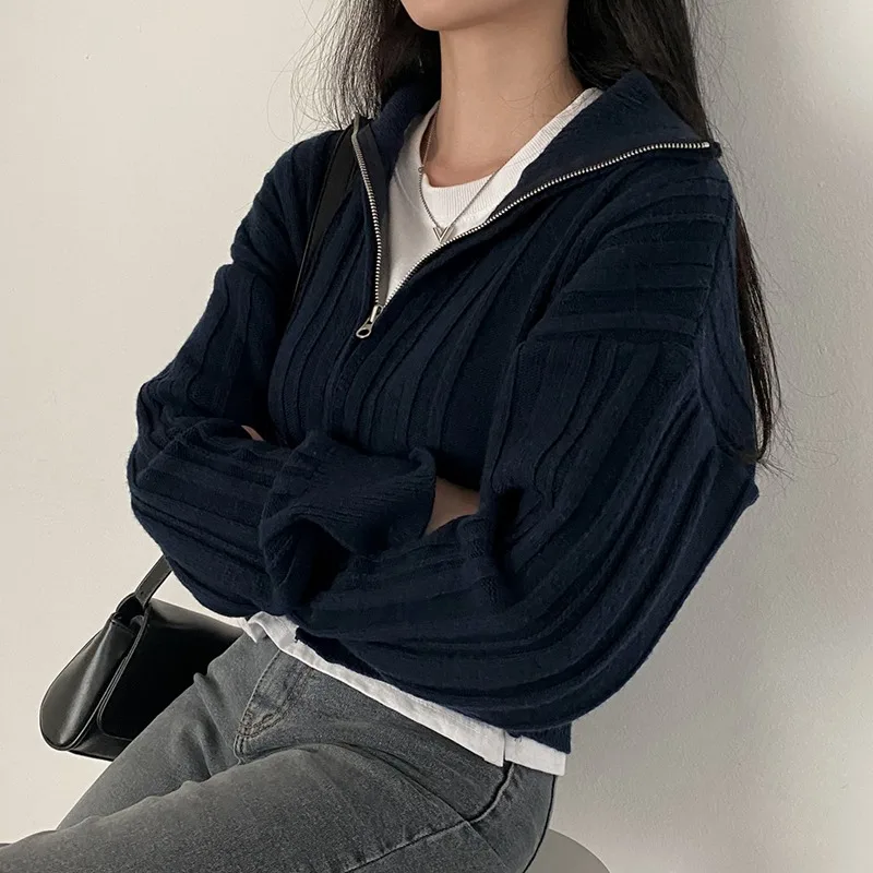 Корейский свитер с двойной молнией и лацканами повседневный длинными рукавами