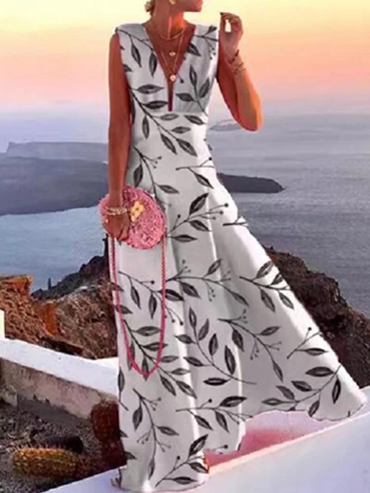 

2022 Bohemian Leaves Print Holiday Beach Dress Women Spring V Neck A-Line Long Dress Summer Sleeveless Loose Retro Party Dresses