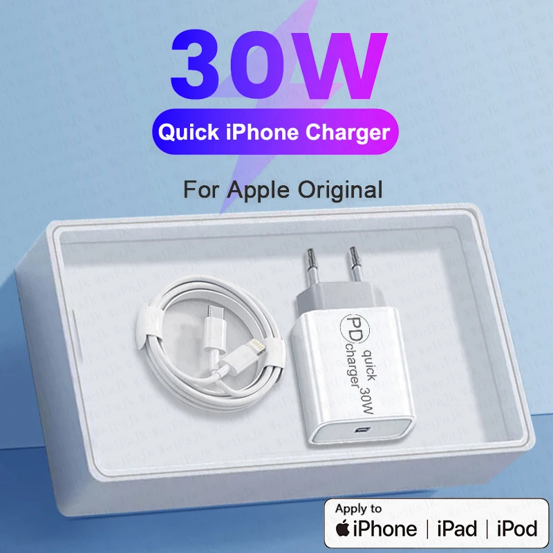 

For APPLE Original PD 30W USB Type C Charger For iPhone 12 11 14 13 Pro Max Mini X XS XR 6 7 8 Plus iPad Air Fast Charging Cable