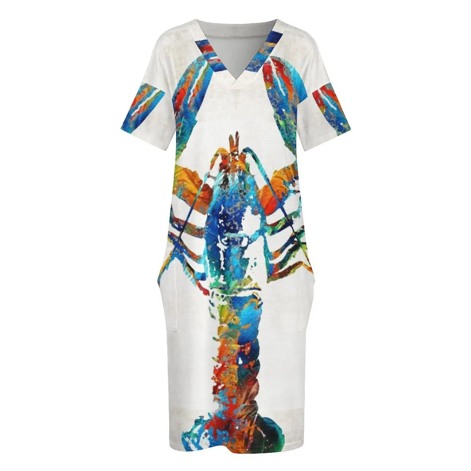 Женское свободное платье с длинным рукавом летнее карманами и разноцветным