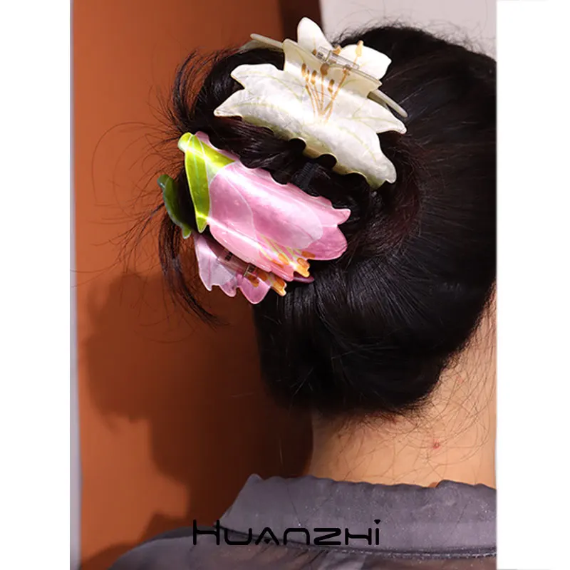 Ful Rose Orchid Hair Claws Acrylic Hairpin Summer Flower Vacation Headwear Huanzhi 2023 New