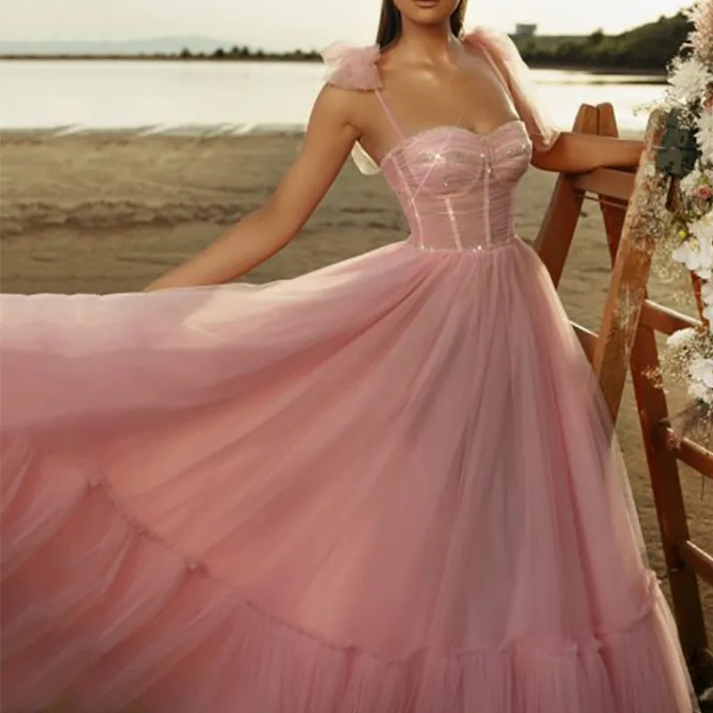 

2022 A Line Tea Length Arabic Evening Gown Corset Party Dress for Graduation Pink Modern Spaghetti Strap Prom Dresses