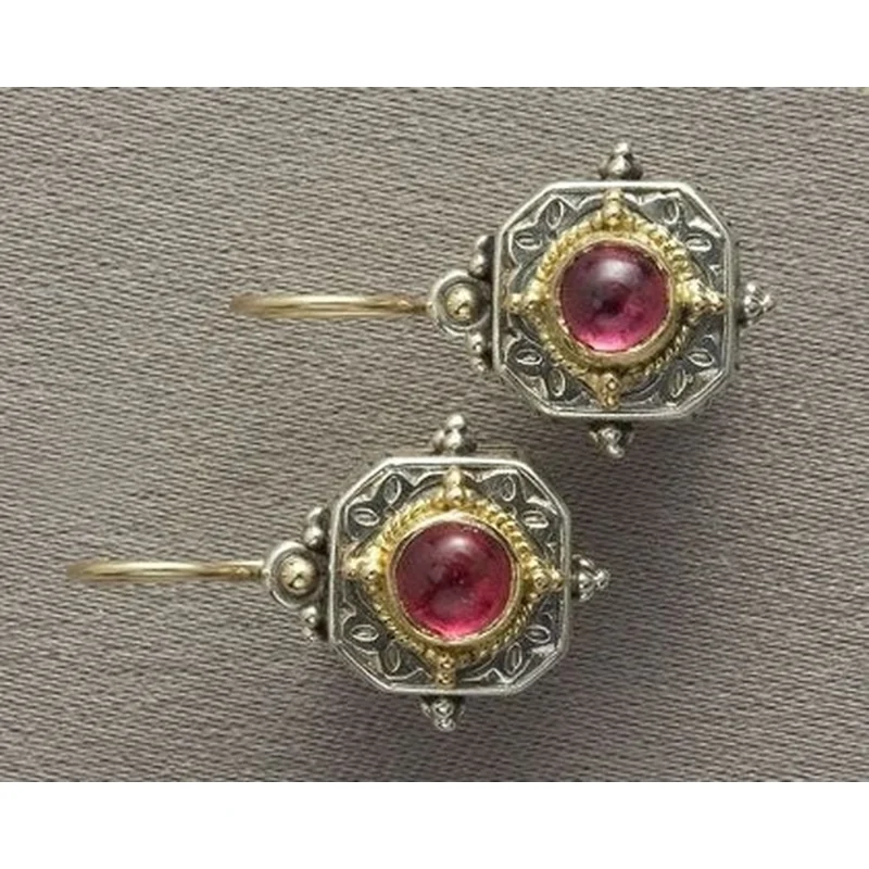 Exquisite Gold Color Earring Woman Huggie Stud Christmas Birthday Gift Red Stone Jewelry Bridal Lady Earrings