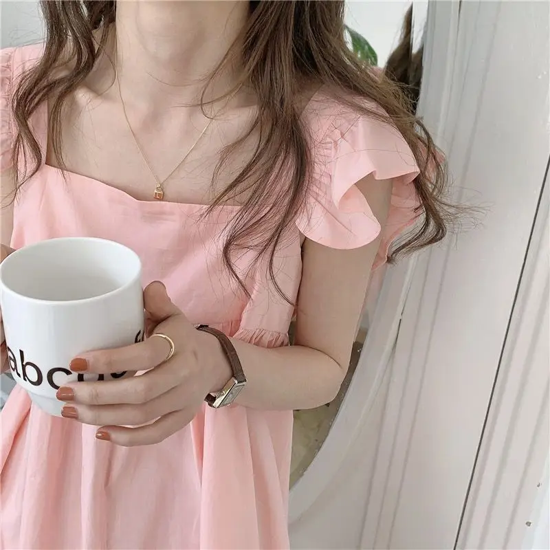 Casual Nightdress New in Pajamas Dress Summer Night Wears for Women Sleepwear Solid Square Neck Ruffle Sleeves Home Clothing