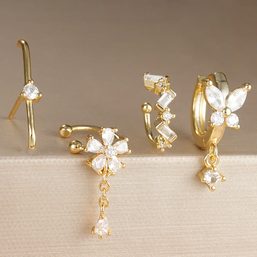 4 шт. милые серьги-Клипсы из циркония и меди с покрытием 18-каратного золота