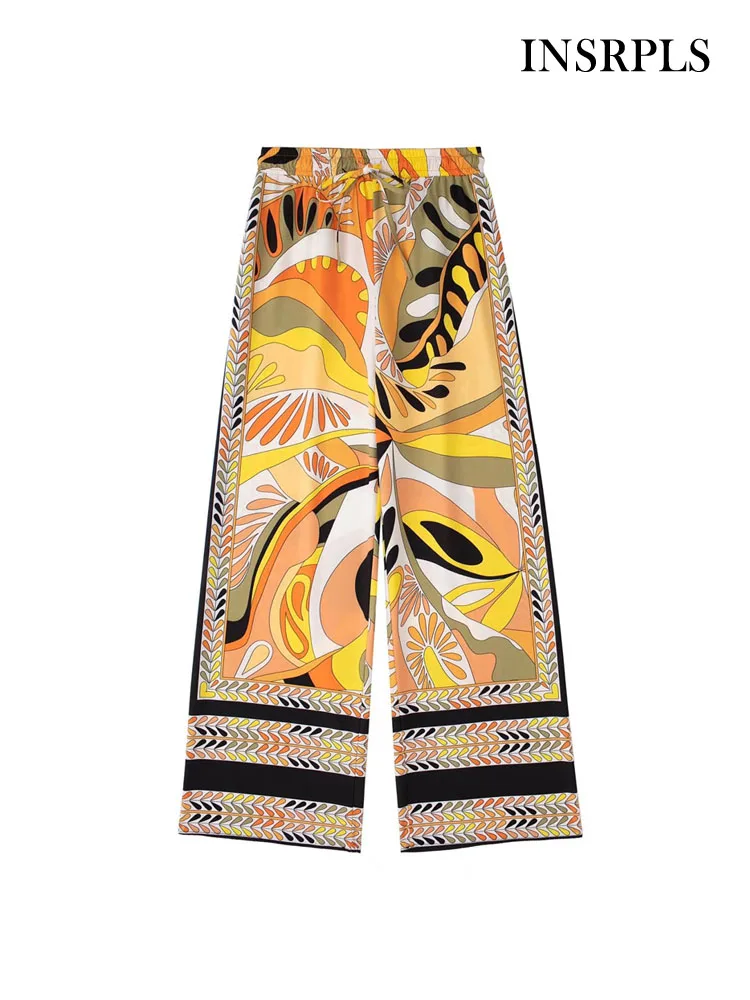 

INSRPLS женские модные плавные широкие брюки с принтом винтажные женские брюки с высокой эластичной талией и кулиской