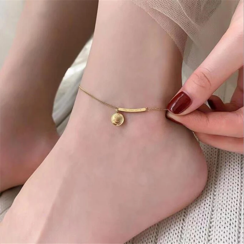 

New Trendy Gold Color Plated Titanium Steel Smiley Beads Chain Anklets for Women Beach Barefoot Sandals Bracelet Ankle Jewelry