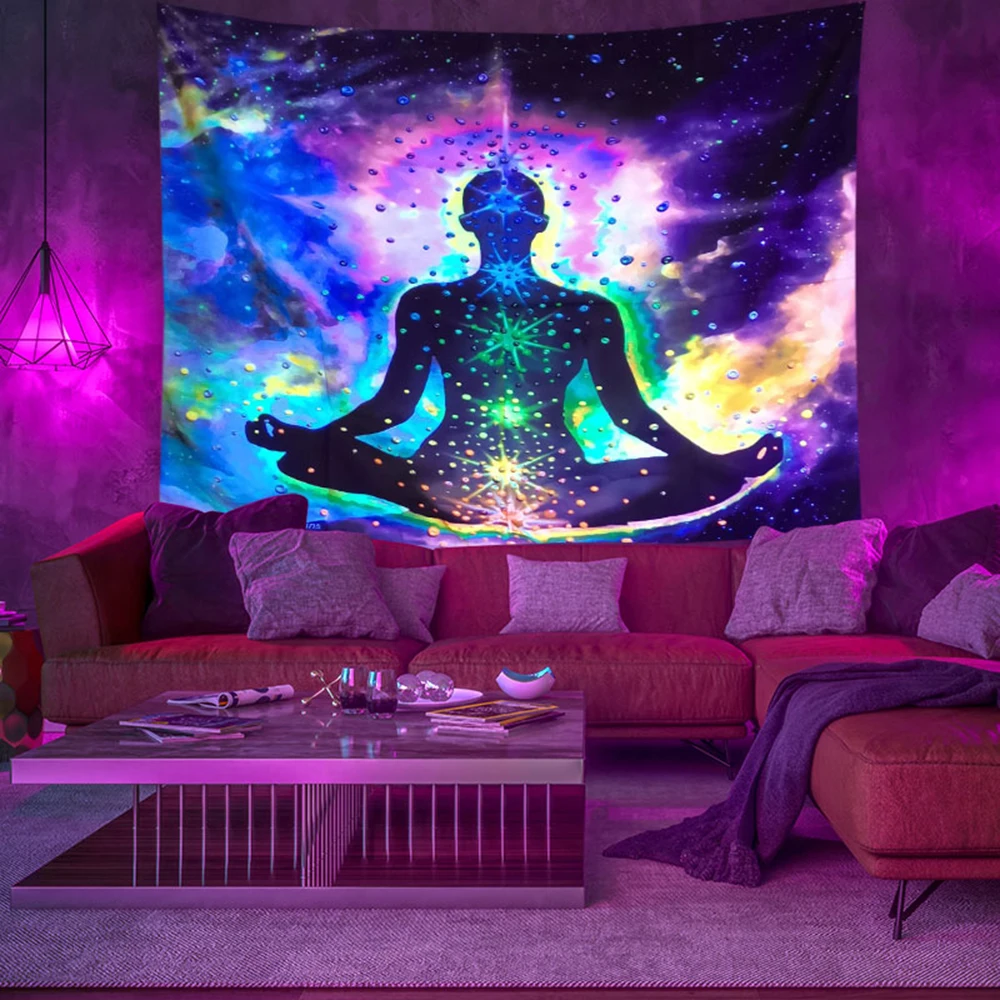 Tapiz de loto de siete chakras para meditación, colgante de pared Hippie, tapiz fluorescente psicodélico, decoración del hogar, Fondo bajo luz UV