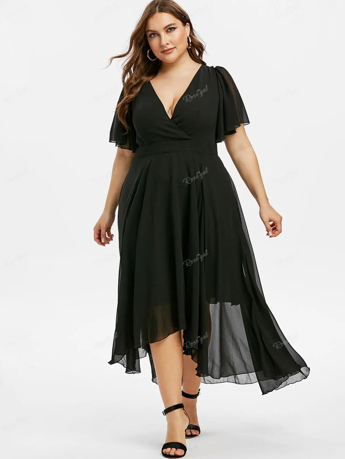 

ROSEGAL Plus Size Plunge Flutter Sleeve Chiffon Maxi Dress Black Elegant Ankle-Length Party Dresses Summer Streetwear Vestidos