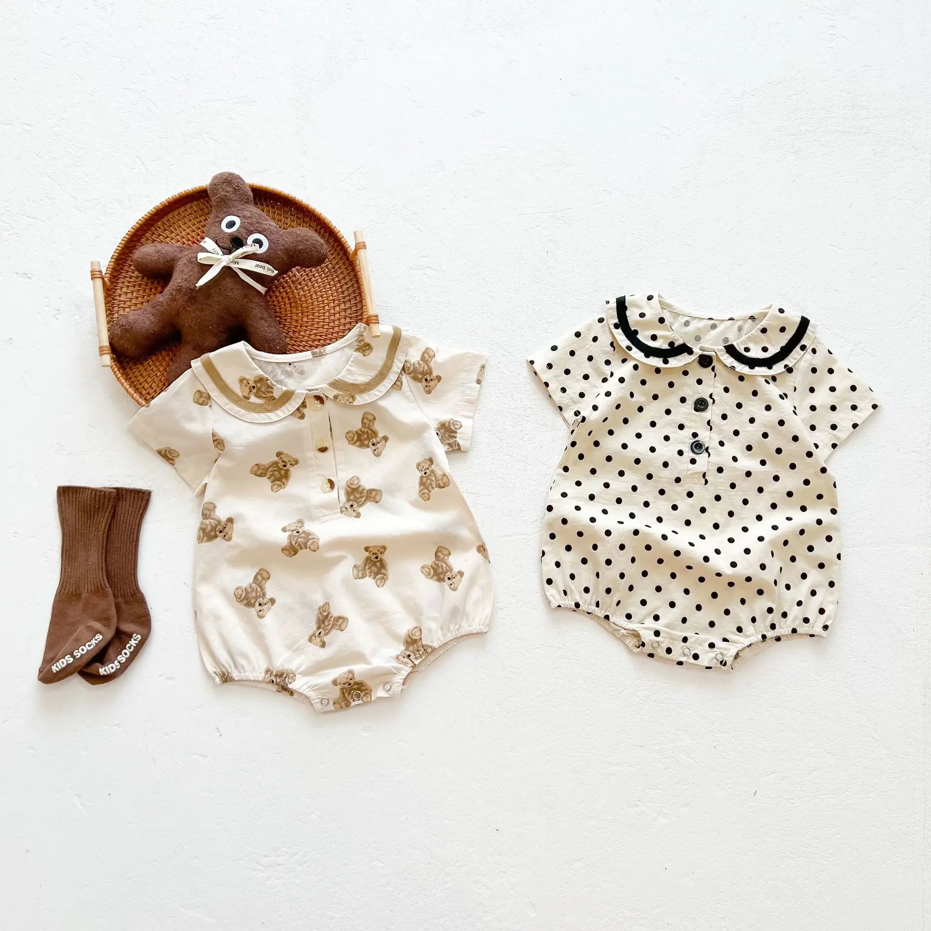 

2022 Summer New Baby Short Sleeve Bodysuit Fashion Bear Print Boys Jumpsuit Cute Cartoon Baby Girl Clothes Cotton Toddler Tops