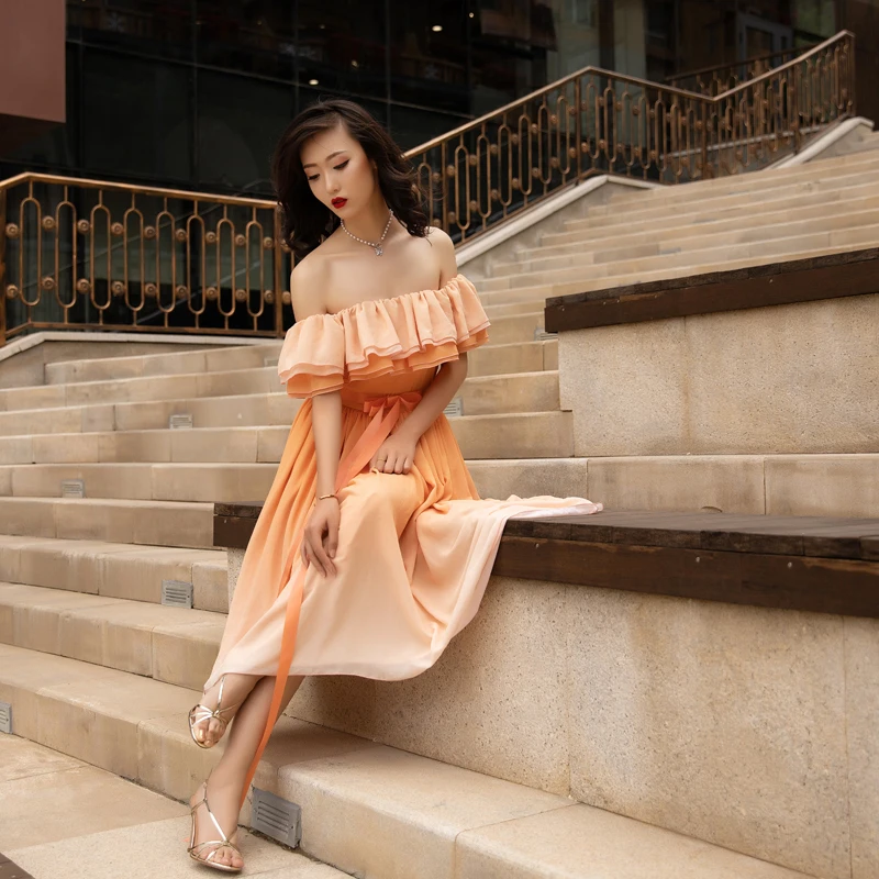 Женское винтажное платье с завышенной талией оранжевое из шифона высокой и