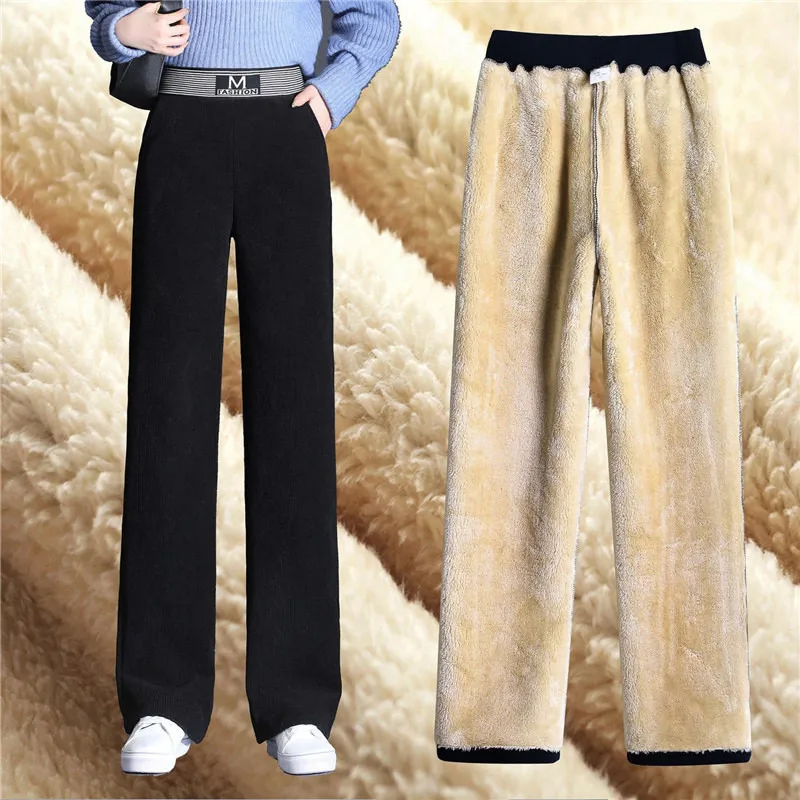 

Женские вельветовые брюки, винтажные бархатные плотные теплые вельветовые однотонные брюки с высокой талией и широкими штанинами в Корейс...