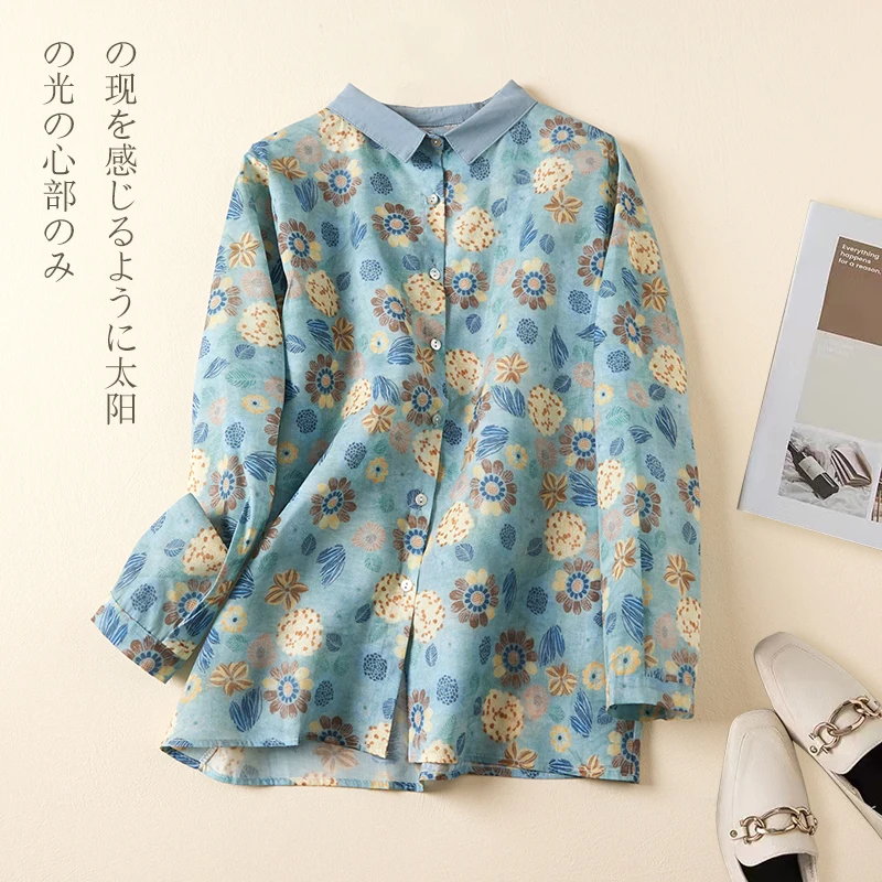Limiguyue винтажная рубашка в японском стиле из хлопка и льна тонкая женская рубашка с принтом в стиле ретро Повседневная весенне-летняя рубашка Топы с длинным рукавом U281