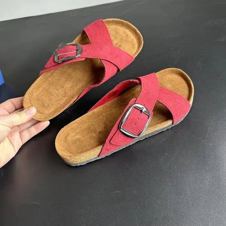 New Summer Women's Cow Suede Leather Cork Sandals Two Buckle Flats Sandals Women Retro Roma Style Fashion Slides Women