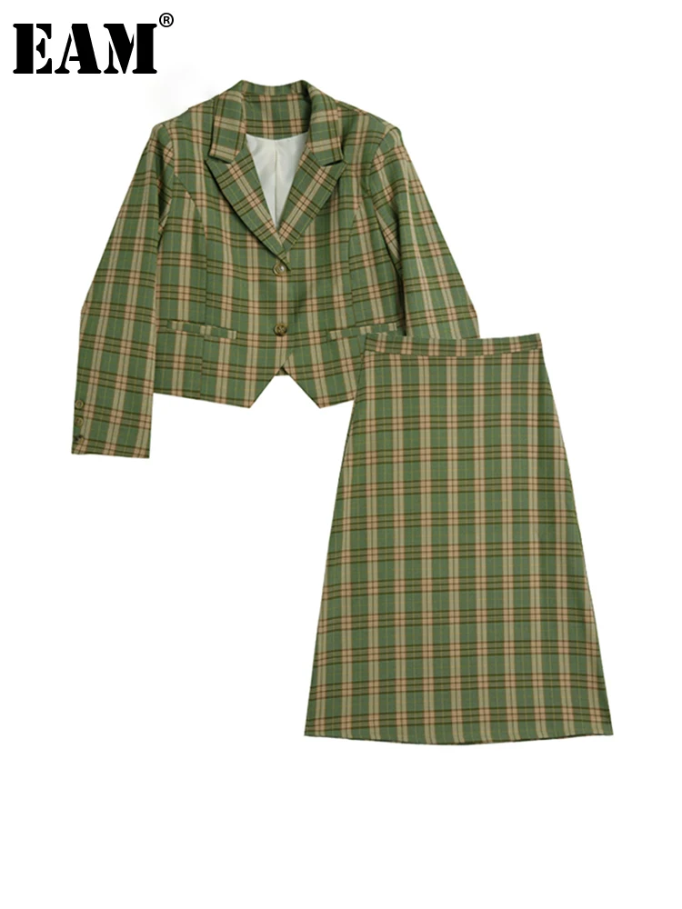 

[EAM] Half-body Skirt Plaid Two Pieces Suit New Lapel Long Sleeve Green Loose Women Fashion Tide Spring Autumn 2022 1DE6963