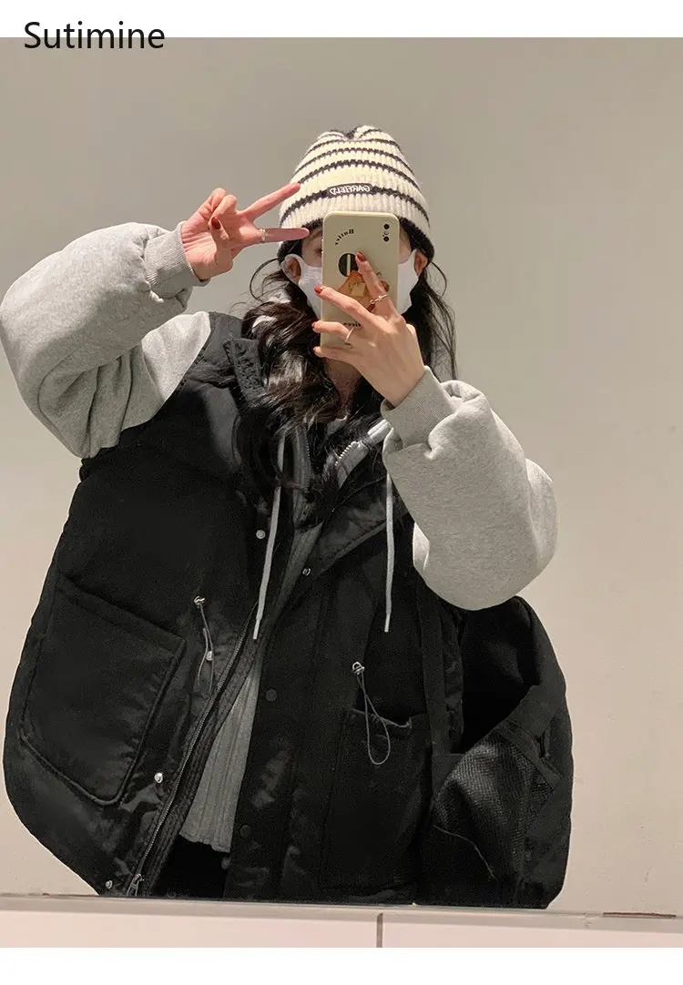 Coat Women Hooded Office Lady Color Contrast Mock Two-piece Winter Loose Korean Thickened Cotton Coat Pockets Winter Coat Women