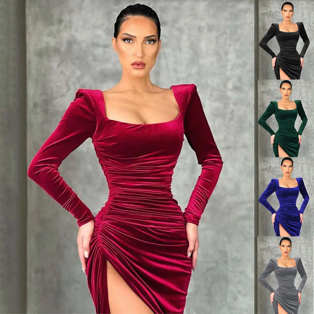 

2022 new women's autumn/winter temperament sexy square collar retraction high waist small dress dress