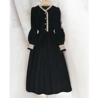 corduroy dress black korean dress gothic french retro temperament party dress hepburn style waist slim vintage dress