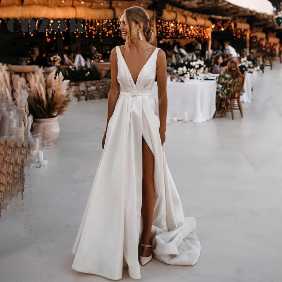 

Soft Satin Sexy Deep V Neck Wedding Dress Backless Sleeveless High Split Waistband Bride Gown Robe De Mariée Custom Made